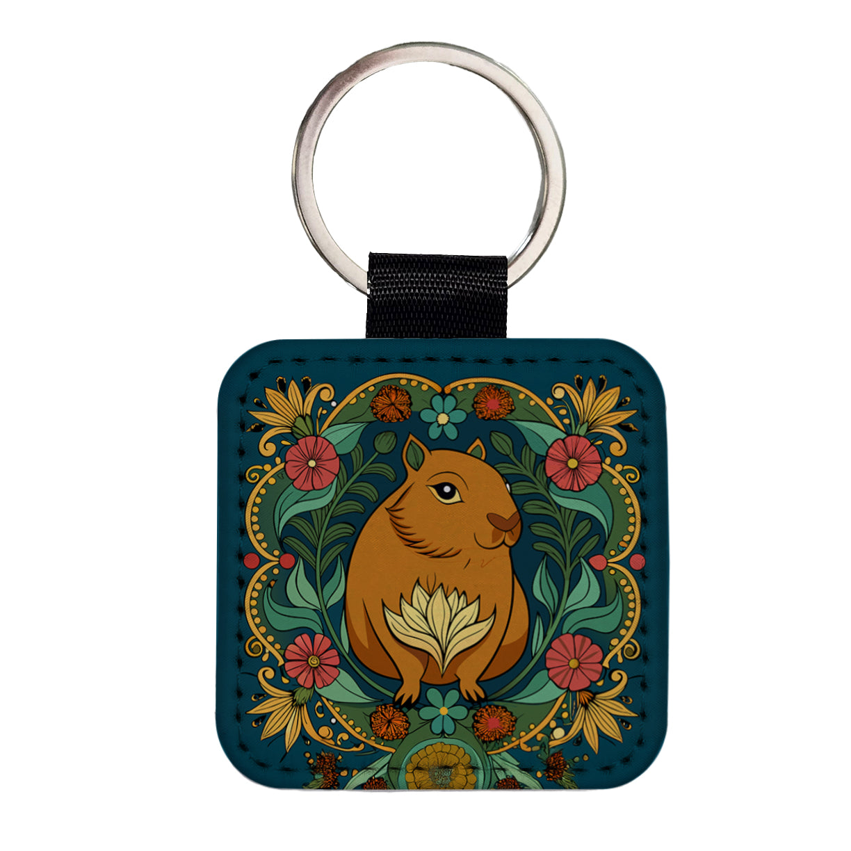 Capybara Floral Art Nouveau Flowers Elegant Square Faux Leather Keychain