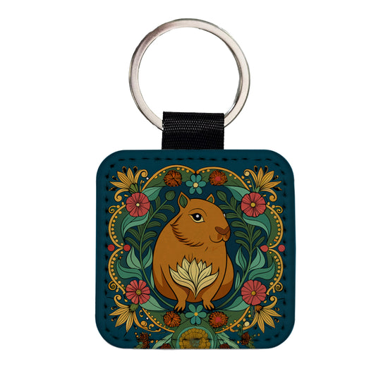 Capybara Floral Art Nouveau Flowers Elegant Square Faux Leather Keychain