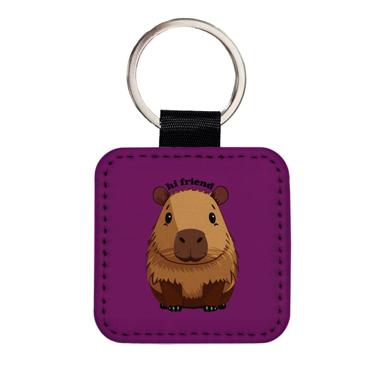 Capybara Hi Friend Hello Funny Square Faux Leather Keychain