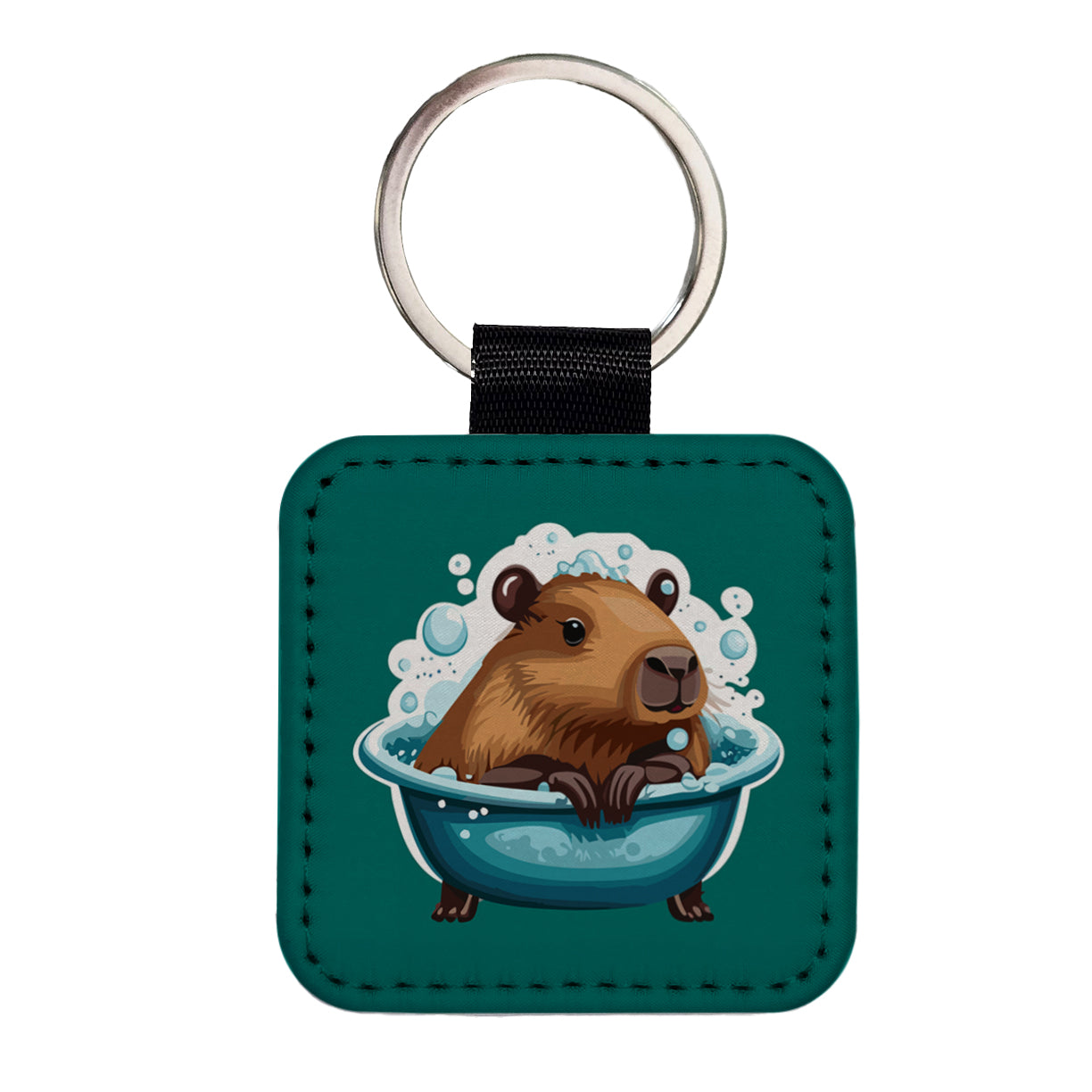 Capybara in Bubble Bath Bathing Funny Square Faux Leather Keychain
