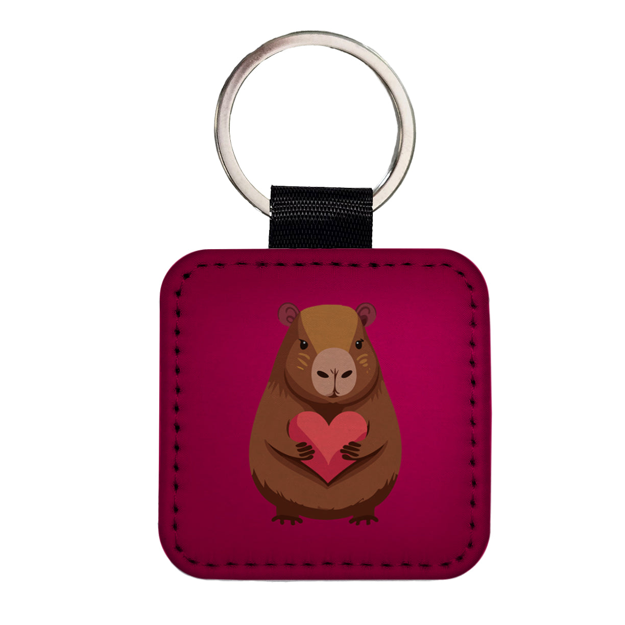 Capybara Love Holding Heart Valentines Day Anniversary Square Faux Leather Keychain
