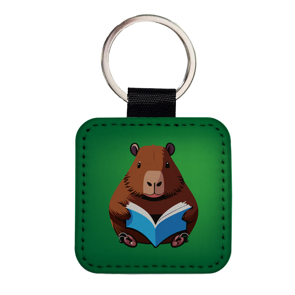 Capybara Reading Book Reader Square Faux Leather Keychain