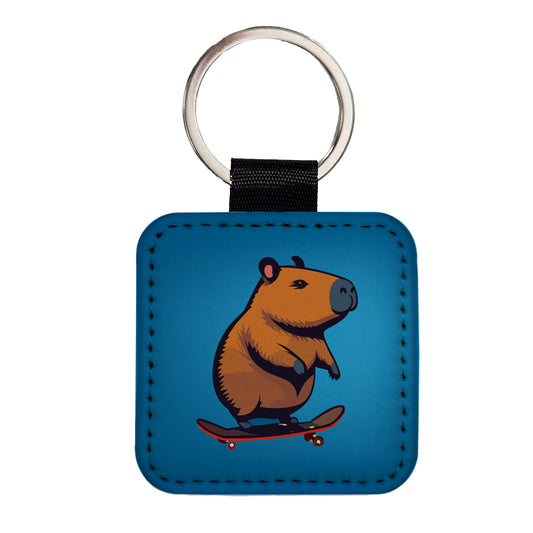 Capybara Riding Skateboard Skater Funny Square Faux Leather Keychain