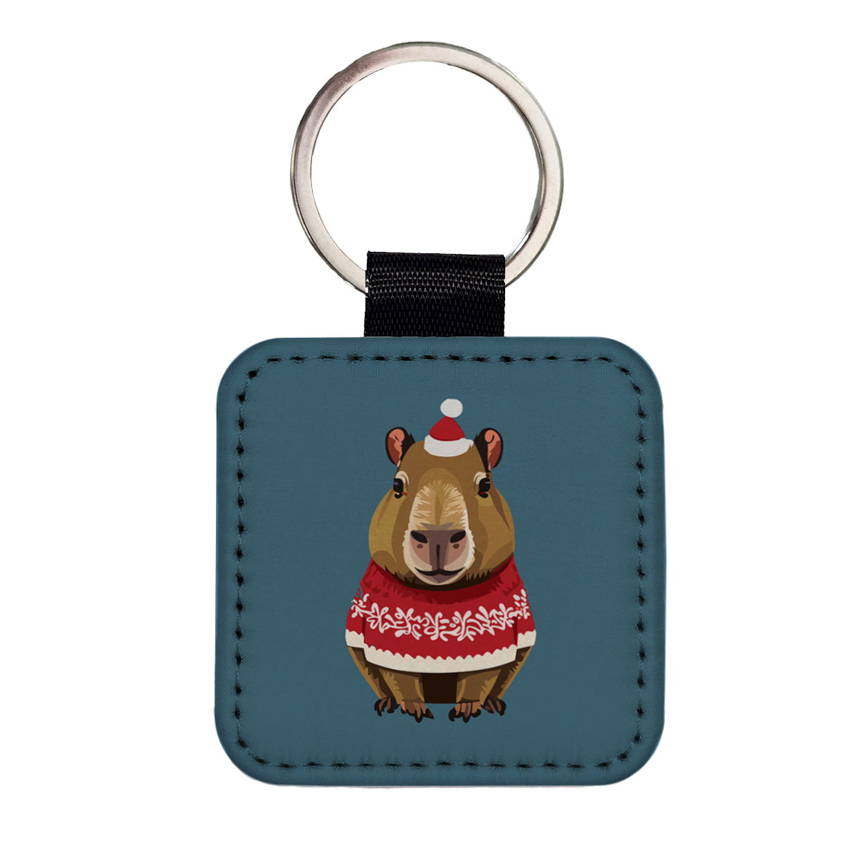 Capybara Wearing Christmas Sweater Funny Square Faux Leather Keychain