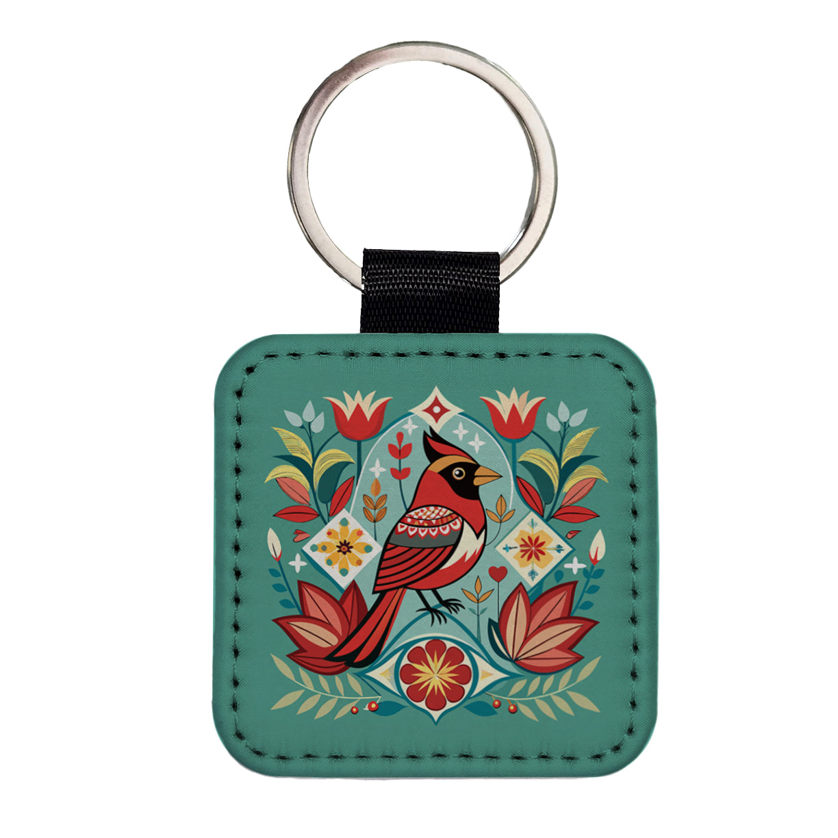 Cardinal Bird Floral Flowers Square Faux Leather Keychain