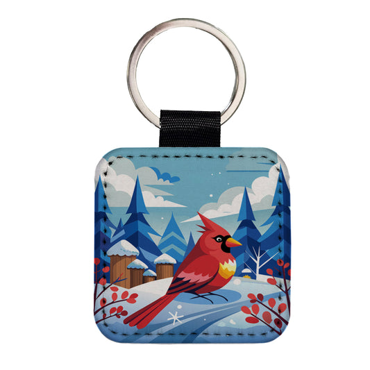 Cardinal in Winter Snow Scene Square Faux Leather Keychain