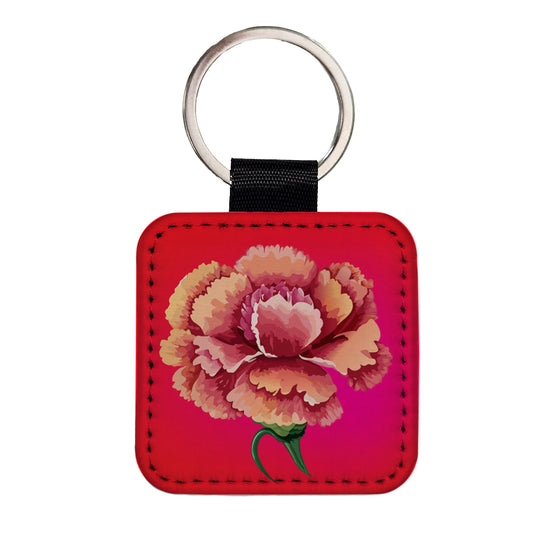 Carnation Flower Watercolor Square Faux Leather Keychain