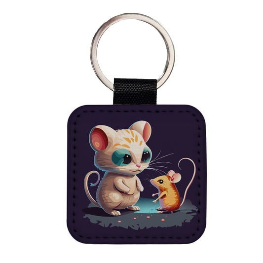 Cat and Mouse Playing Square Faux Leather Keychain