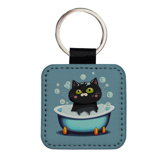 Cat Black Taking Bubble Bath Square Faux Leather Keychain