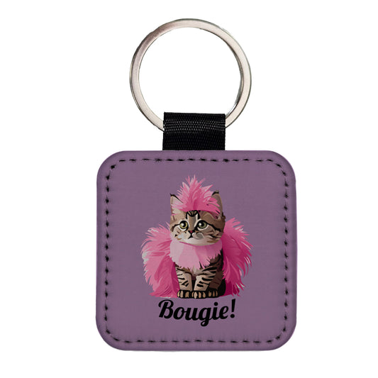 Cat Bougie Funny Pink Feather Boa Square Faux Leather Keychain