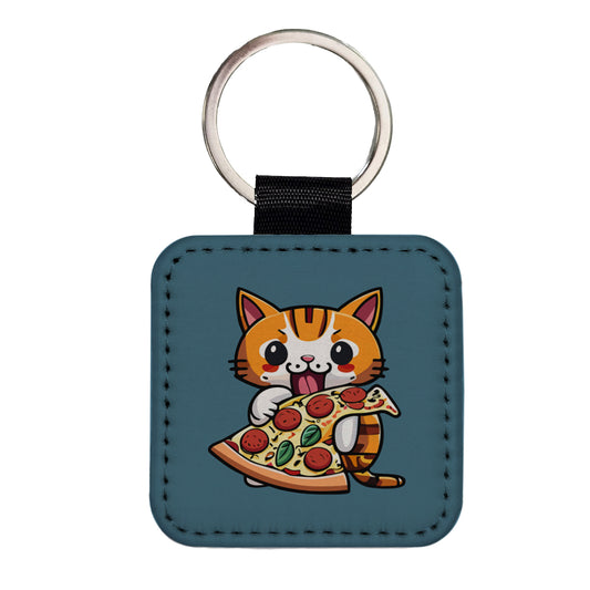 Cat Eating Pizza Funny Square Faux Leather Keychain