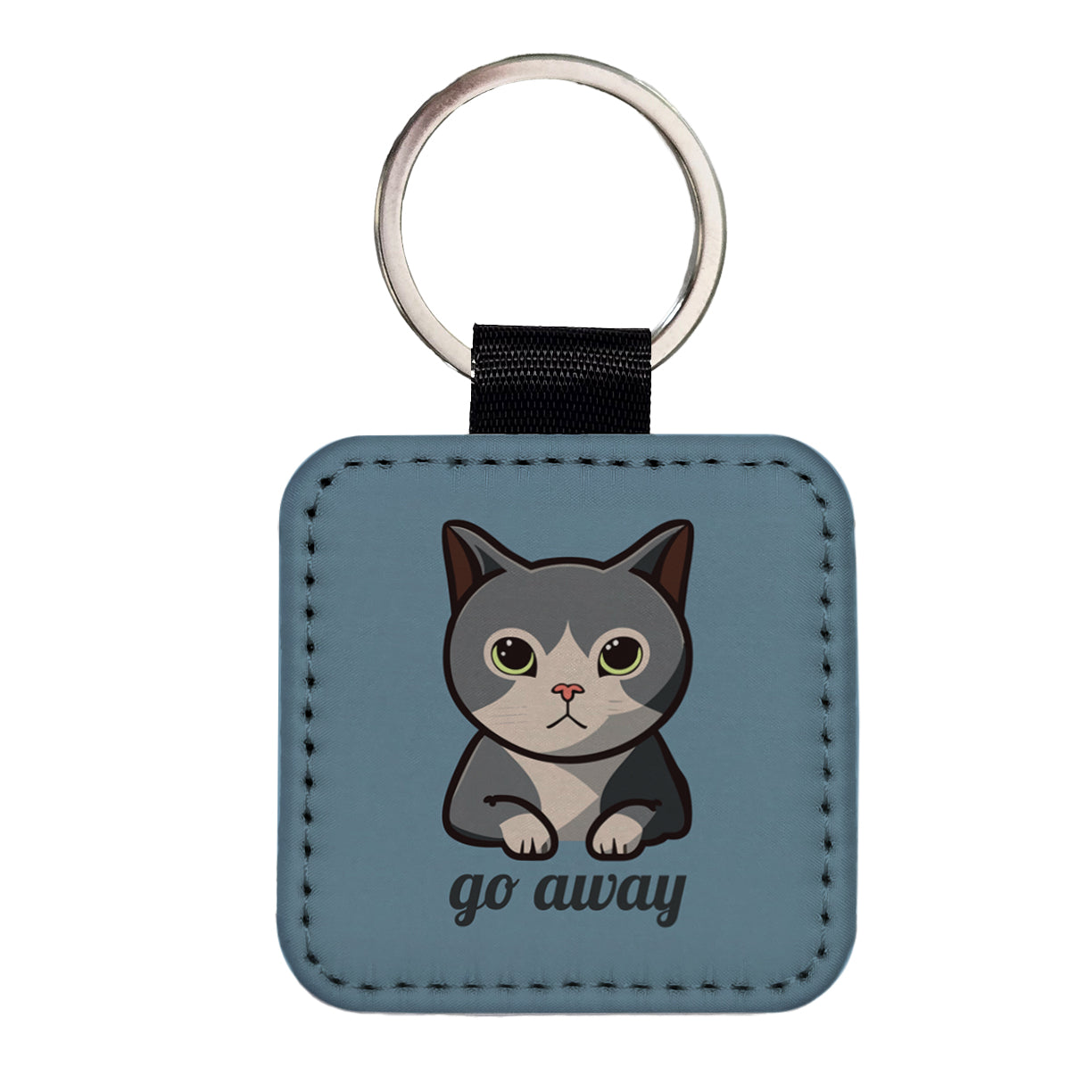 Cat Gray Go Away Funny Square Faux Leather Keychain