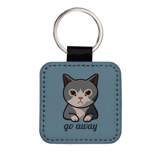 Cat Gray Go Away Funny Square Faux Leather Keychain
