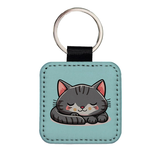 Cat Gray Sleeping Square Faux Leather Keychain