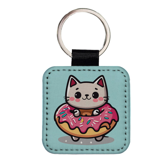 Cat Kawaii Cute in Donut Square Faux Leather Keychain