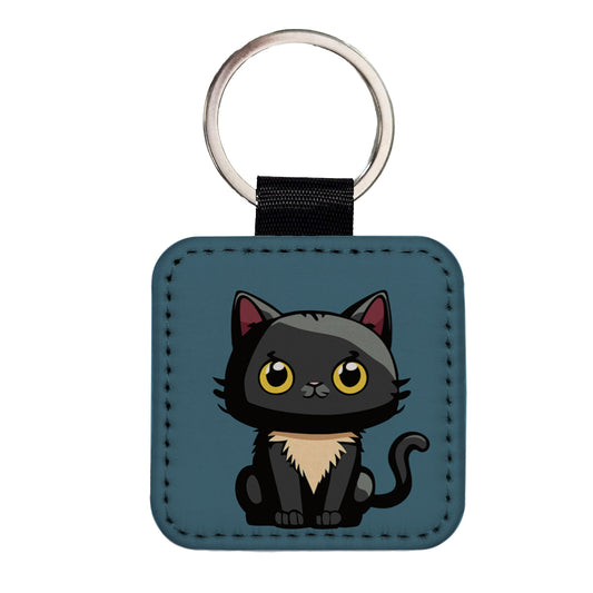 Cat Kitty Chibi Square Faux Leather Keychain