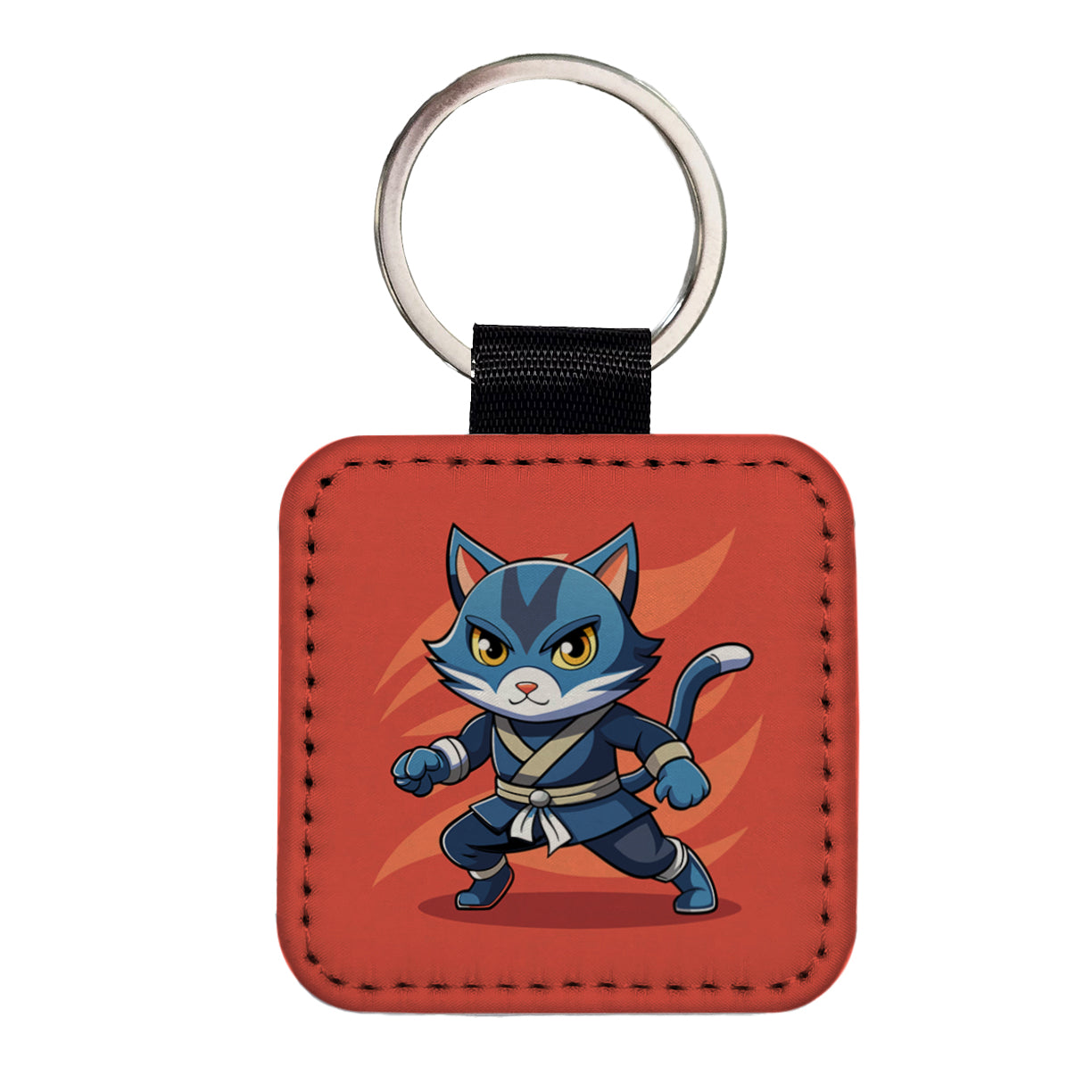 Cat Ninja Square Faux Leather Keychain