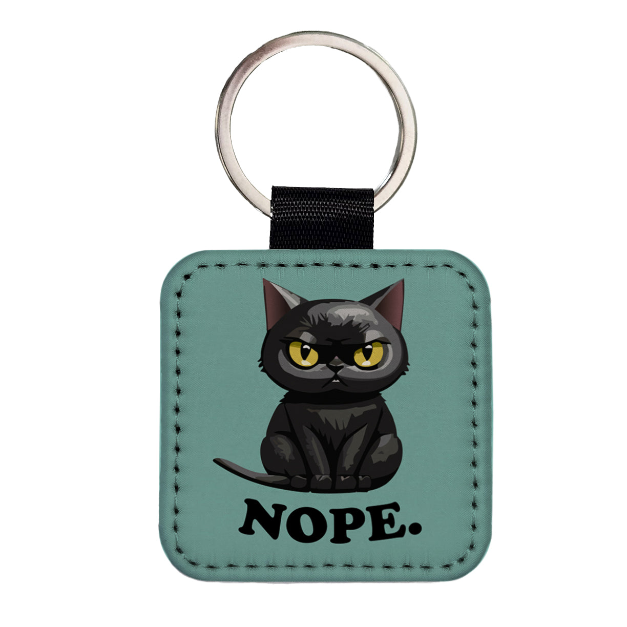 Cat Nope Funny Black Square Faux Leather Keychain