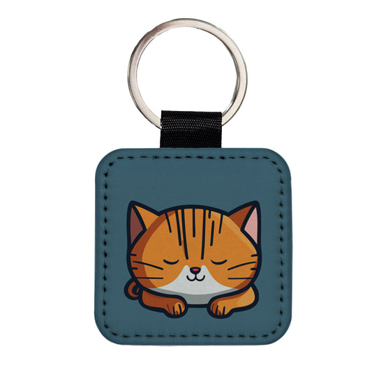 Cat Orange White Sleeping Square Faux Leather Keychain