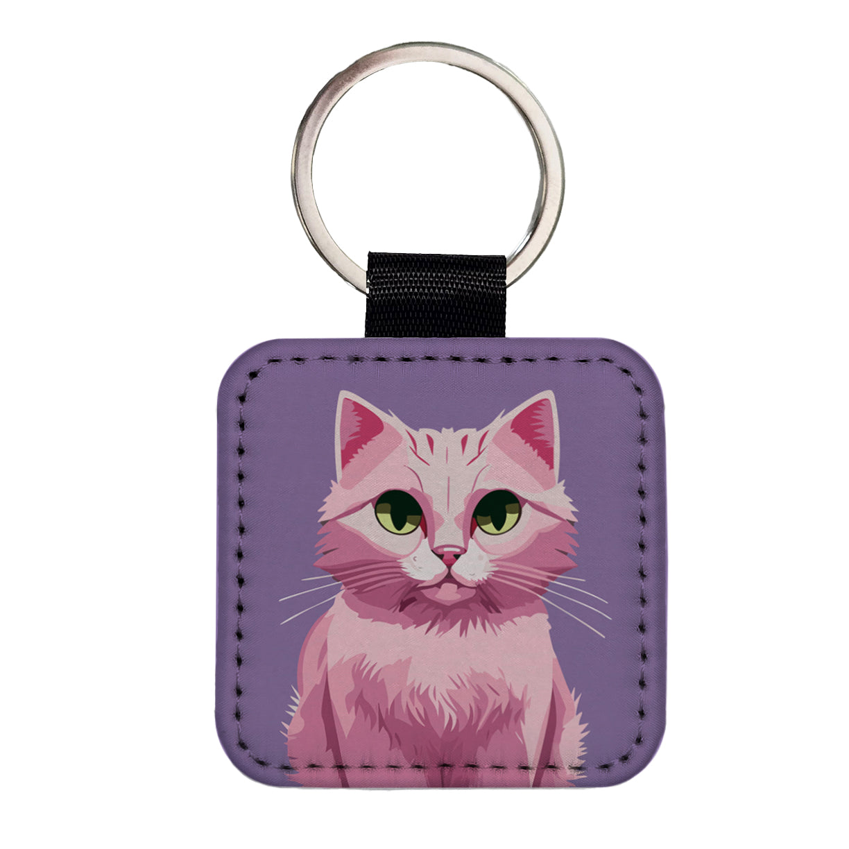 Cat Pink Square Faux Leather Keychain
