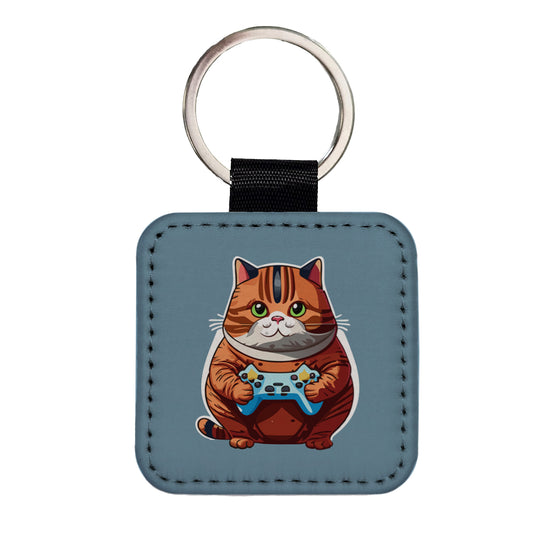 Cat Playing Game Gamer Gaming Chubby Square Faux Leather Keychain
