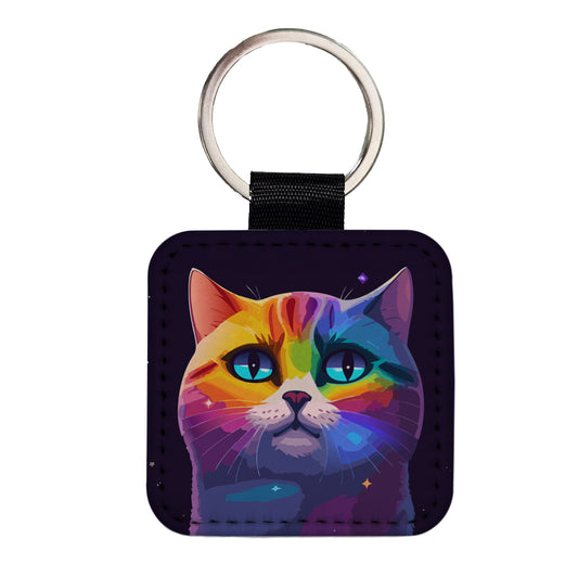 Cat Rainbow in Space Stunning Square Faux Leather Keychain