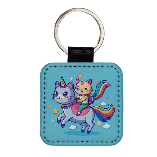 Cat Riding Caticorn Unicorn Funny Square Faux Leather Keychain