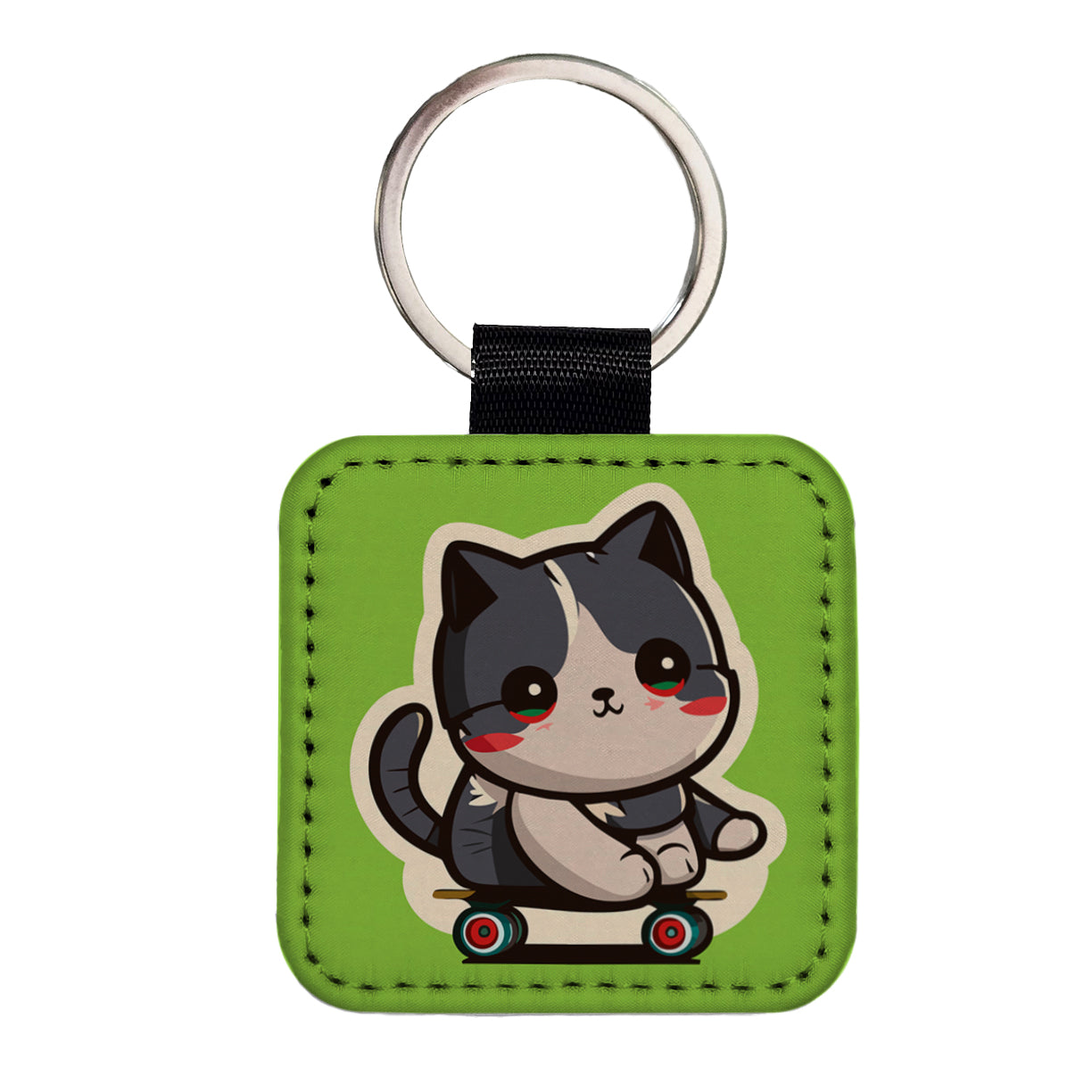 Cat Riding Skateboard Skater Kawaii Cute Square Faux Leather Keychain