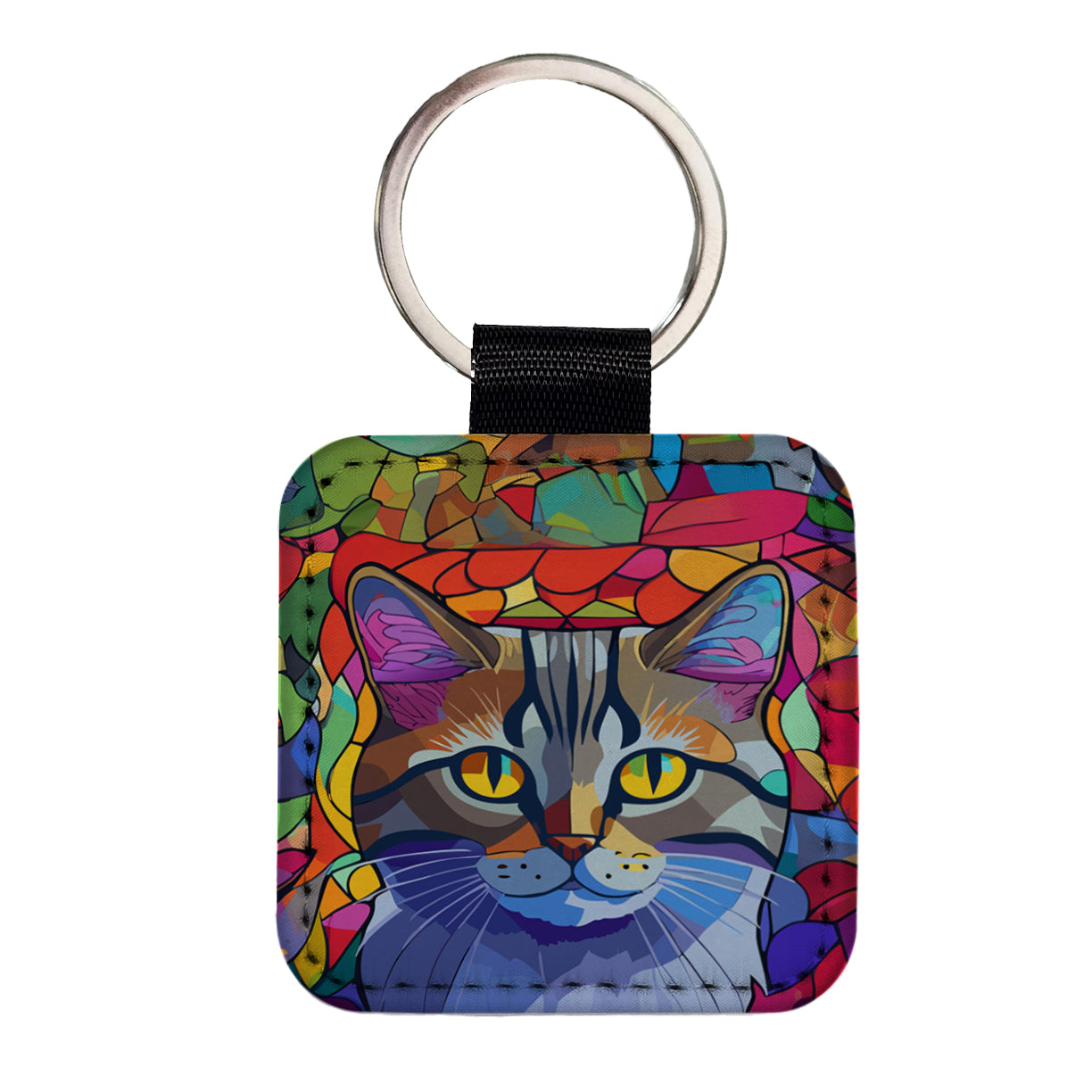 Cat Stained Glass Style Square Faux Leather Keychain