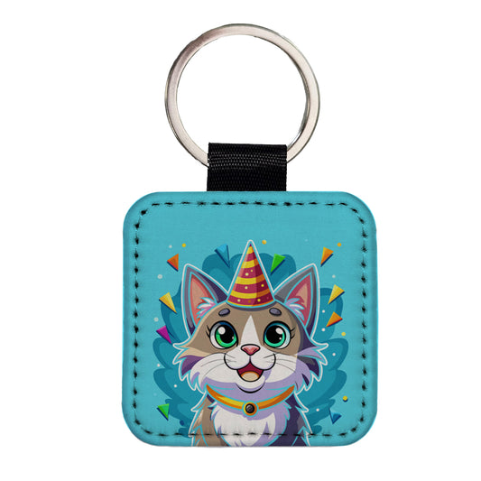 Cat Wearing Birthday Hat Square Faux Leather Keychain