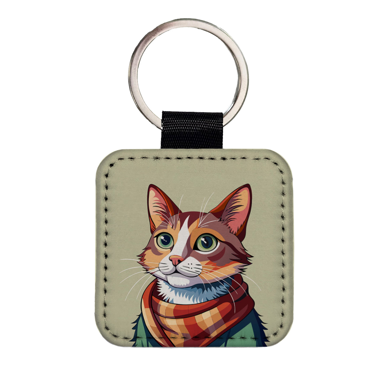 Cat Wearing Scarf Square Faux Leather Keychain