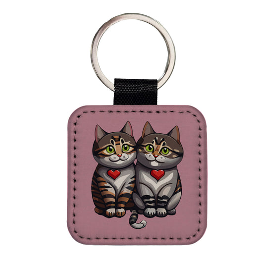 Cats Love Valentines Day Wedding Anniversary Square Faux Leather Keychain