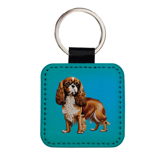Cavalier King Charles Spaniel Dog Blenheim Watercolor Square Faux Leather Keychain