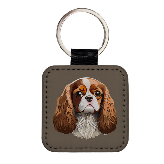 Cavalier King Charles Spaniel Dog Face Square Faux Leather Keychain
