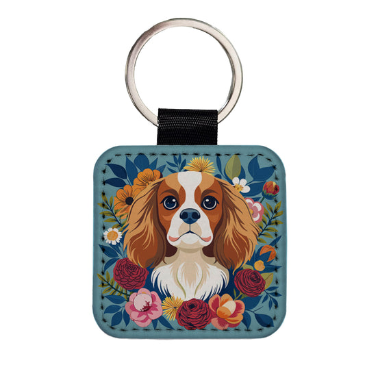 Cavalier King Charles Spaniel Dog Floral Flowers Square Faux Leather Keychain
