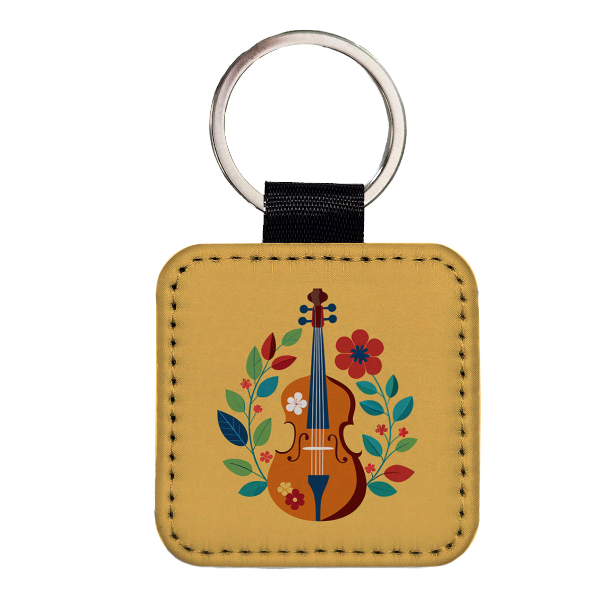 Cello Floral Motif Music Square Faux Leather Keychain