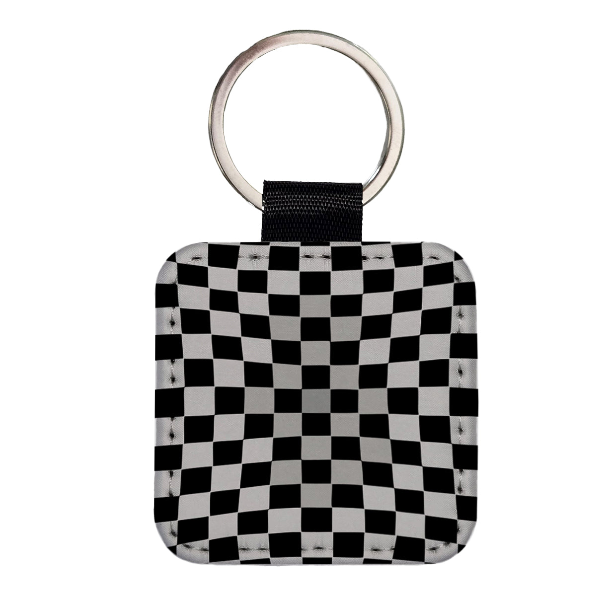 Checkered Flag Black White Square Faux Leather Keychain