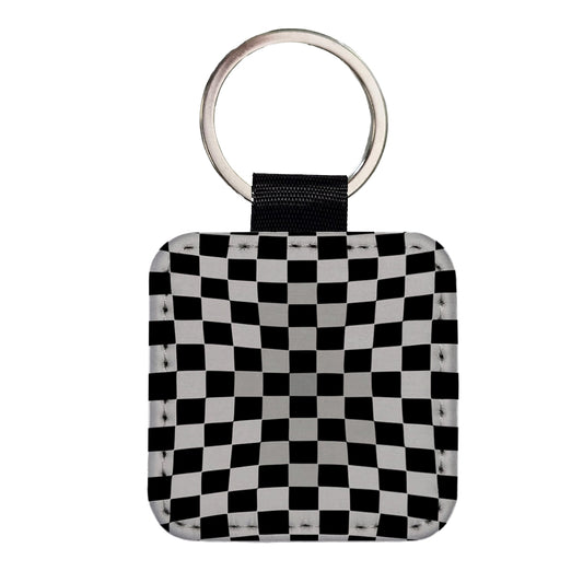 Checkered Flag Black White Square Faux Leather Keychain