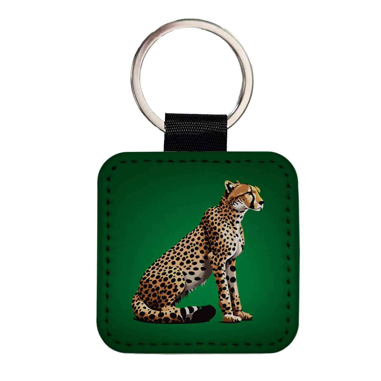 Cheetah Sitting Profile Big Cat Square Faux Leather Keychain