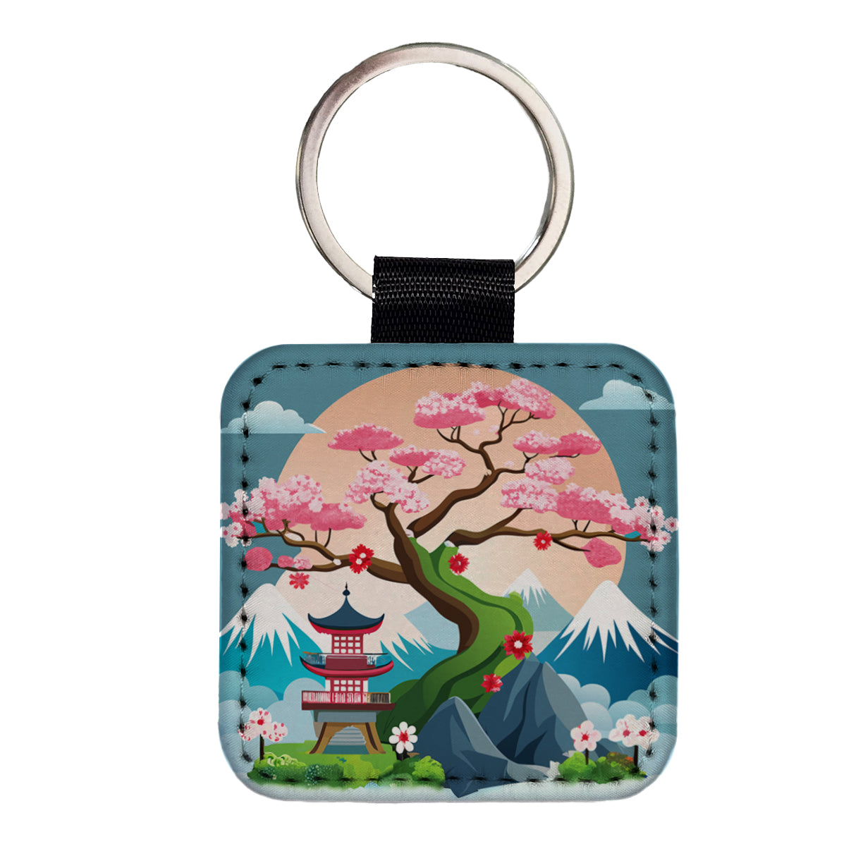 Cherry Blossom Tree Japanese Garden Square Faux Leather Keychain