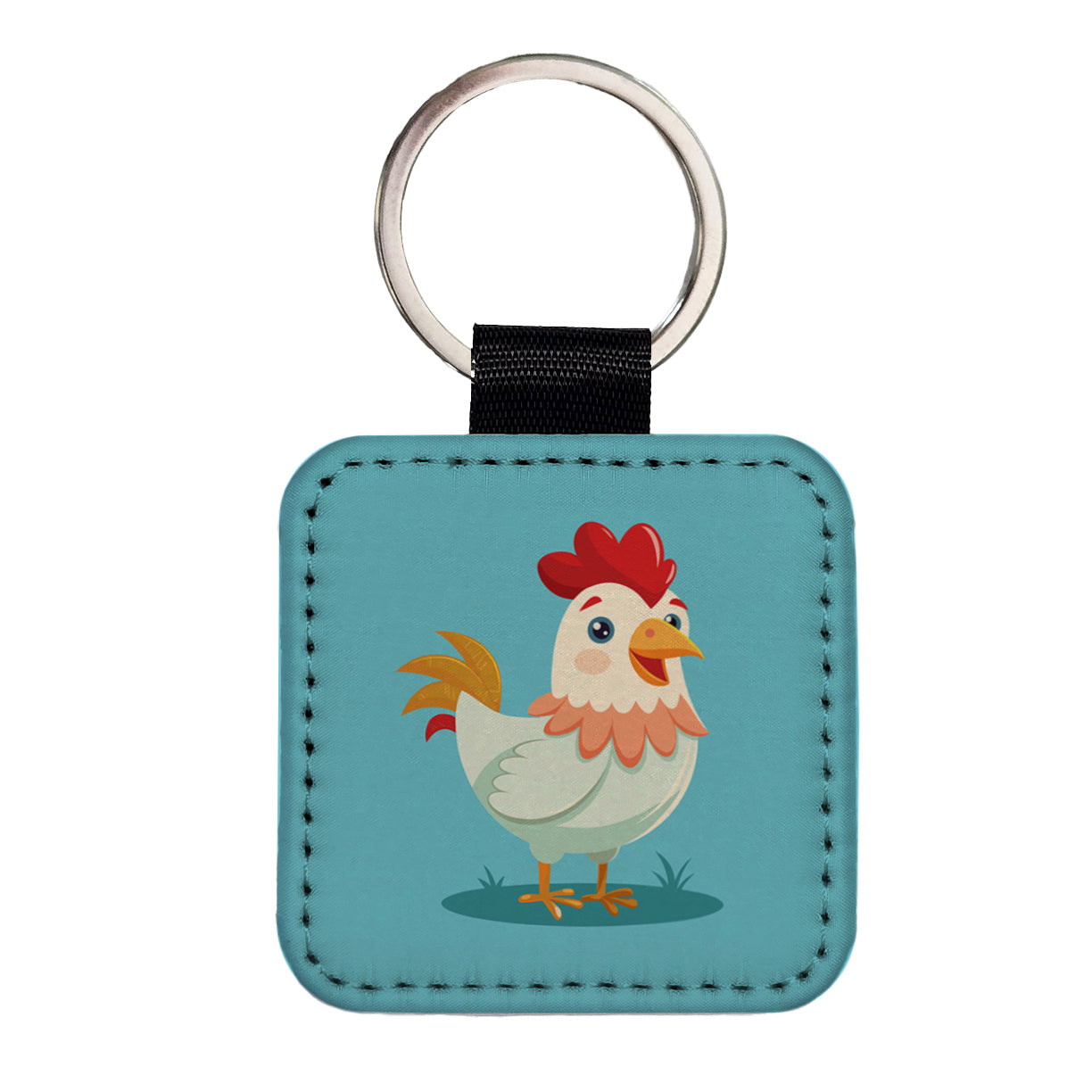 Chicken Rooster Happy Square Faux Leather Keychain