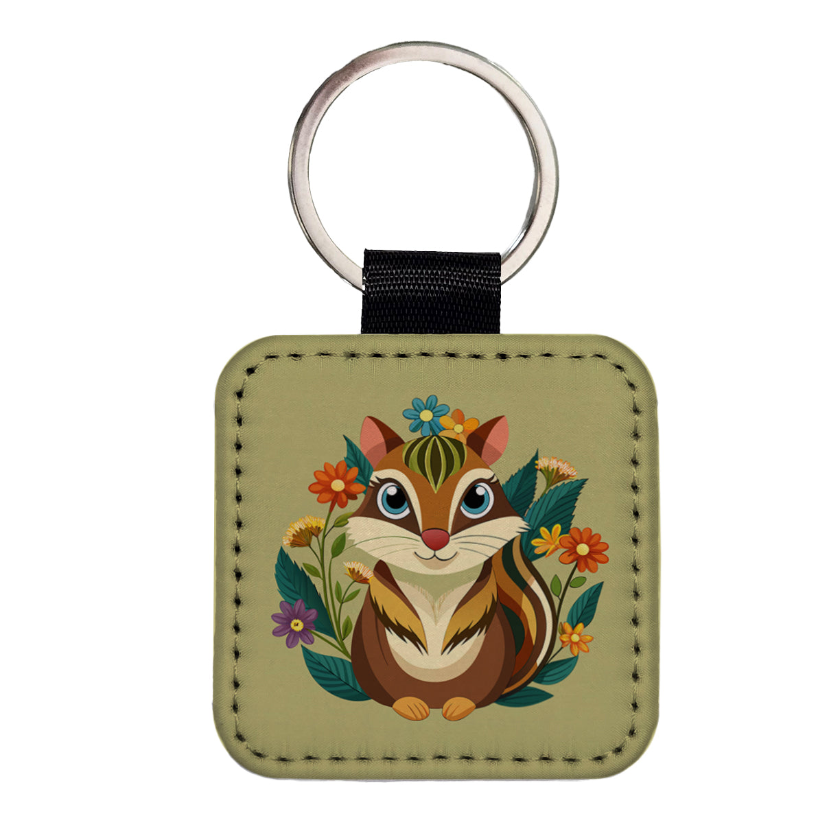 Chipmunk Floral Flowers Square Faux Leather Keychain