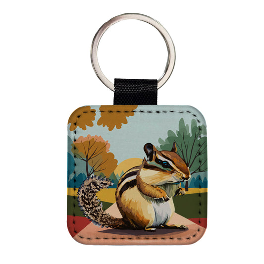 Chipmunk Watercolor Square Faux Leather Keychain