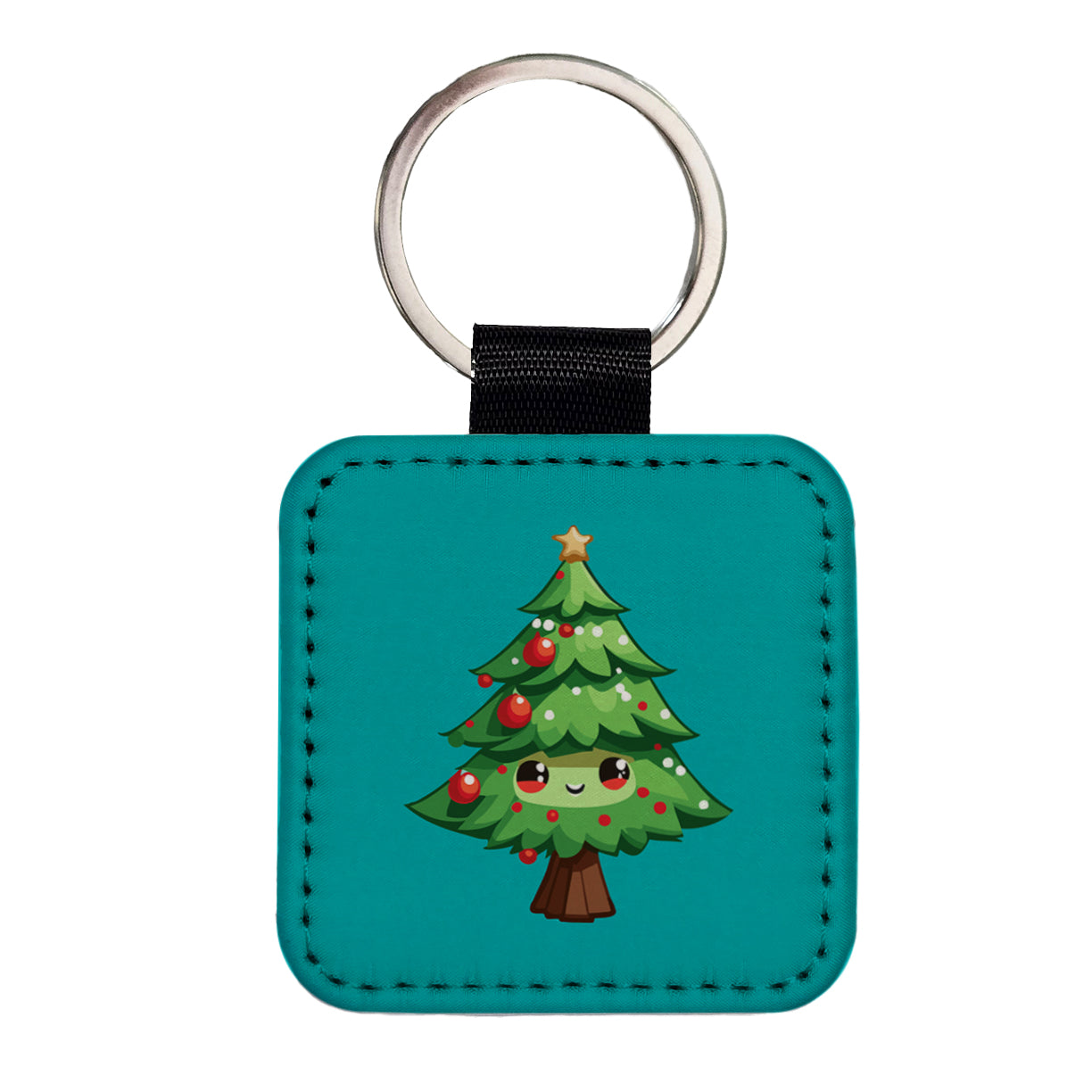 Christmas Tree Chibi Square Faux Leather Keychain