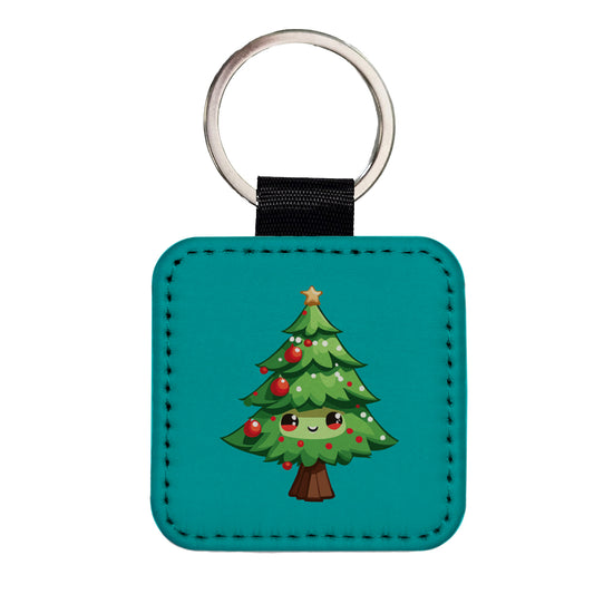 Christmas Tree Chibi Square Faux Leather Keychain