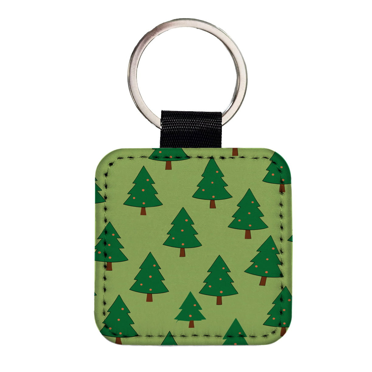 Christmas Trees Green Pattern Square Faux Leather Keychain
