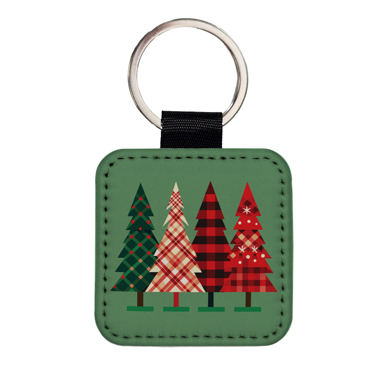 Christmas Trees Plaid Modern Cute Square Faux Leather Keychain