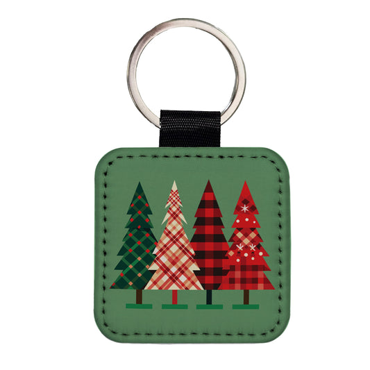 Christmas Trees Plaid Modern Cute Square Faux Leather Keychain