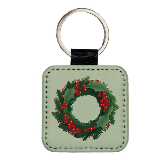 Christmas Wreath Holly Square Faux Leather Keychain