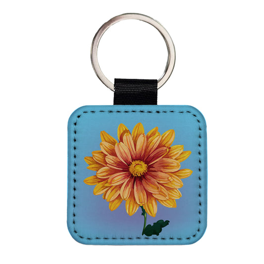 Chrysanthemum Mum Flower Yellow Watercolor Square Faux Leather Keychain